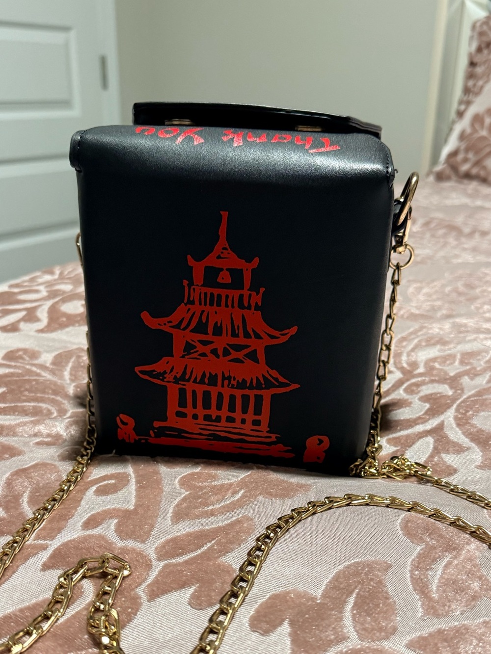 Black Crossbody Bag with Red Pagoda Print